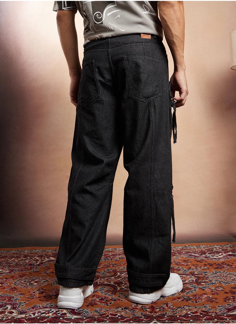 Campus Sutra Campus Sutra Men's Charcoal Black Baggy Utility Denim Jeans For Casual Wear | Mid-Rise | Relaxed Fit | Button Closure | Denim Jeans Crafted With Comfort Fit For Everyday Wear  - Image 5