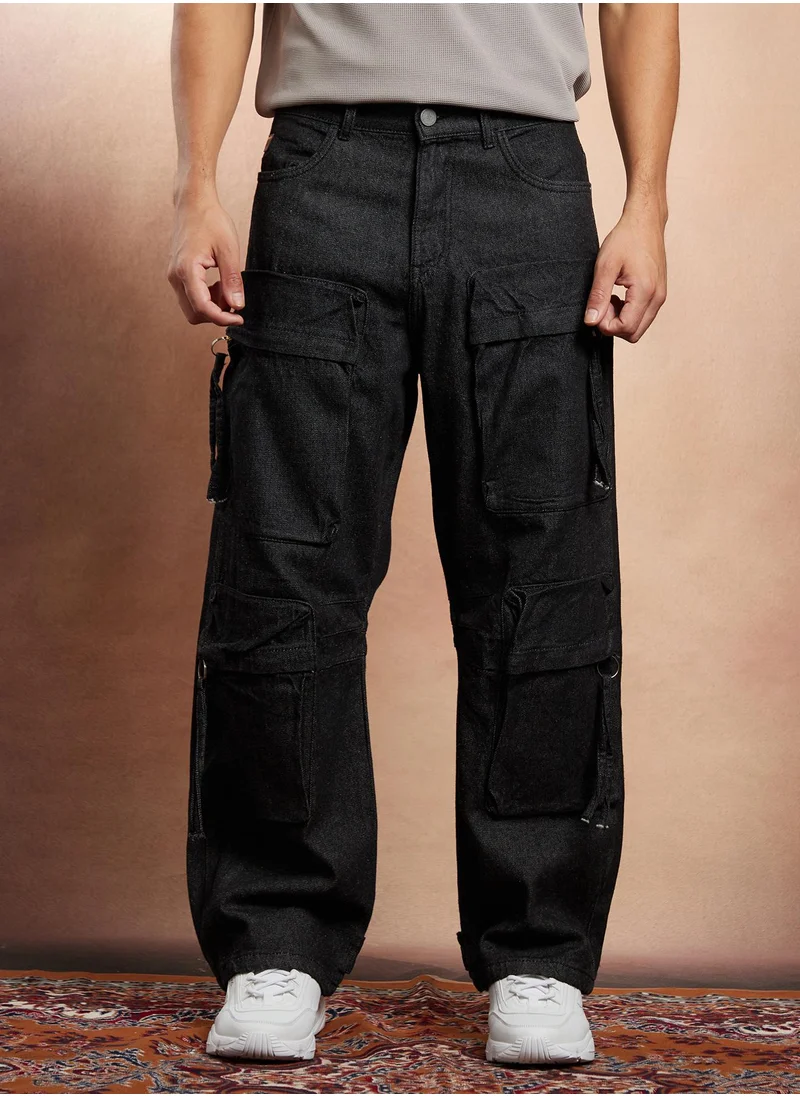 Campus Sutra Campus Sutra Men's Charcoal Black Baggy Utility Denim Jeans For Casual Wear | Mid-Rise | Relaxed Fit | Button Closure | Denim Jeans Crafted With Comfort Fit For Everyday Wear