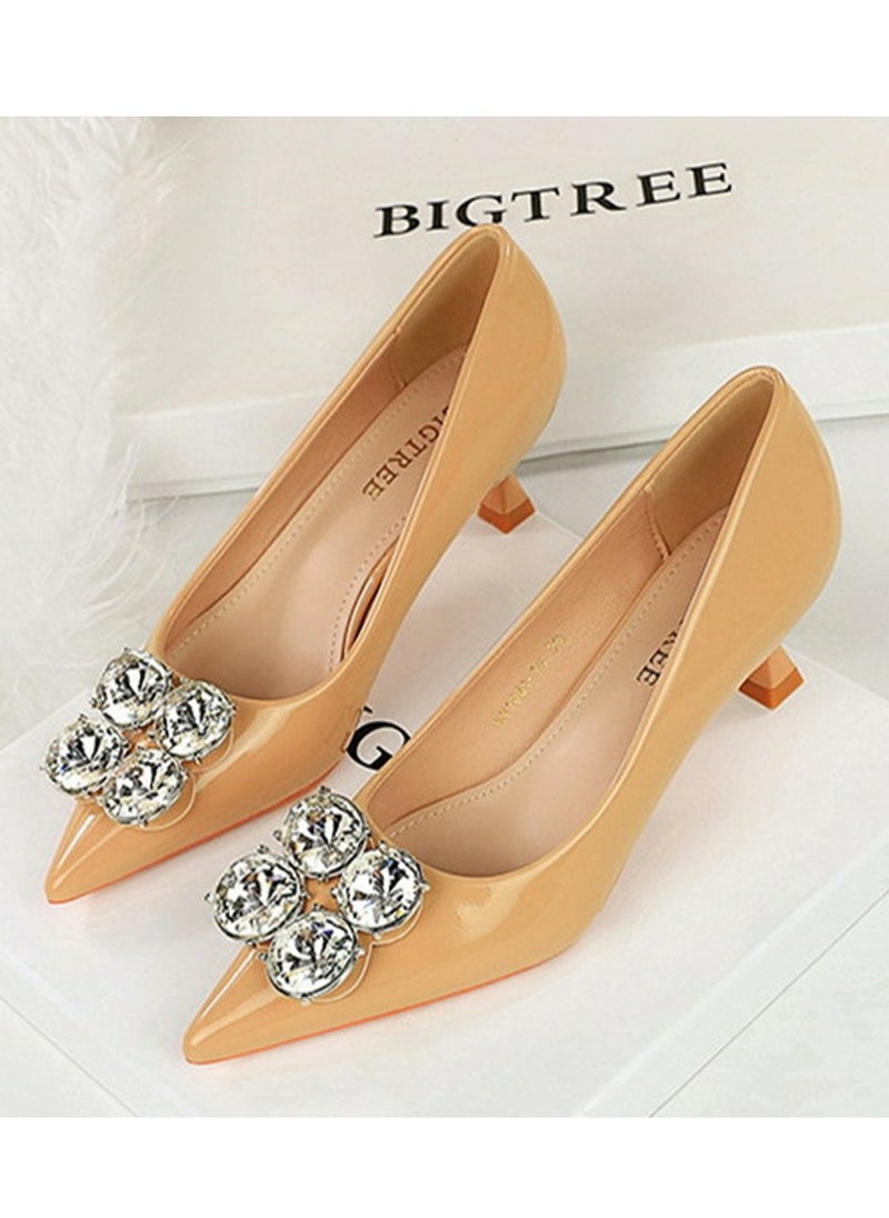 BIGTREE Women's Closed Pointed Toe Stiletto Pump Rhinestone Decoration Mid Heels Beige 5.5 CM  - Image 1