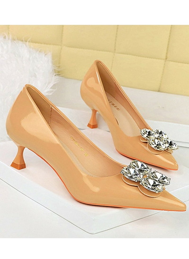 BIGTREE Women's Closed Pointed Toe Stiletto Pump Rhinestone Decoration Mid Heels Beige 5.5 CM  - Image 2