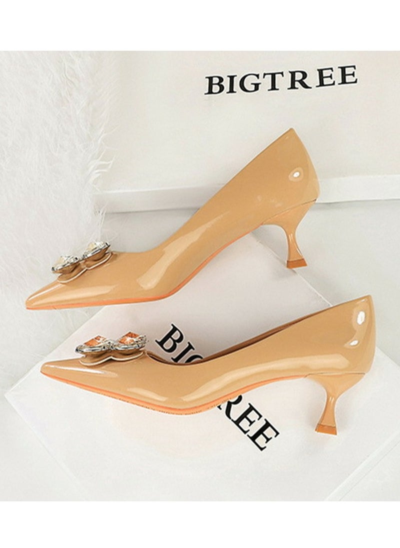 BIGTREE Women's Closed Pointed Toe Stiletto Pump Rhinestone Decoration Mid Heels Beige 5.5 CM  - Image 3