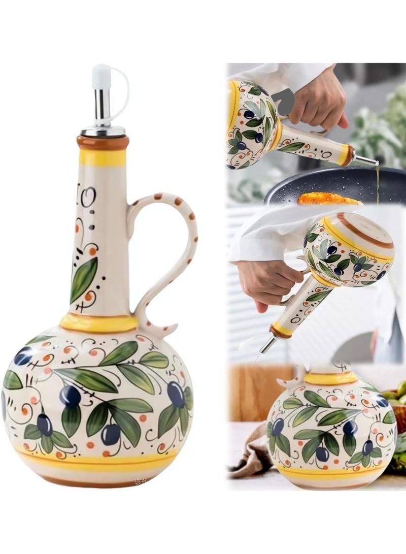 Forest Home Hand Painted Ceramic Olive Oil Dispenser Bottle 23oz With Spout Stainless Steel Spout Ceramic Oil Dispenser Decorative Stoneware Olive Oil Cruet For Kitchen Suitable For Oil Sauce Vinegar - Image 1