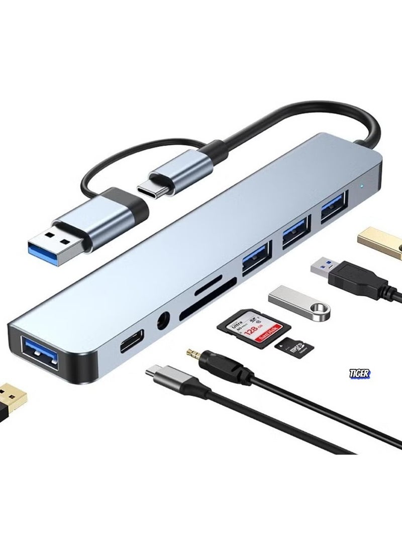 TIGER 8-in-1 Aluminum USB C Hub with USB 3.0, USB 2.0, USB C Ports, SD/TF Card Reader, 3.5mm AUX – USB Splitter for MacBook Pro/Air, PC, Laptop & Tablet Devices  - Image 1