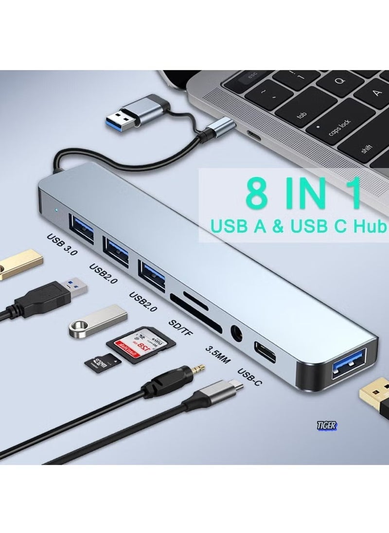 TIGER 8-in-1 Aluminum USB C Hub with USB 3.0, USB 2.0, USB C Ports, SD/TF Card Reader, 3.5mm AUX – USB Splitter for MacBook Pro/Air, PC, Laptop & Tablet Devices  - Image 2