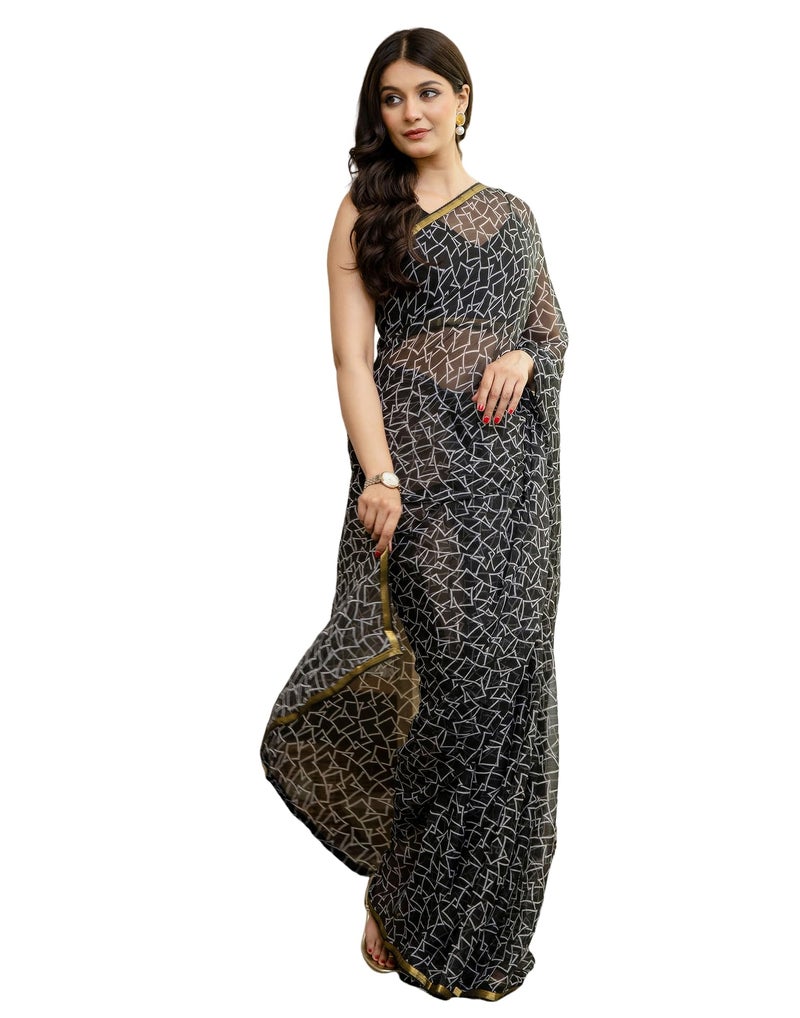 SIRIL Women's Chiffon Printed Saree with Unstitched Blouse Piece (4473S241_Black2) - Image 1