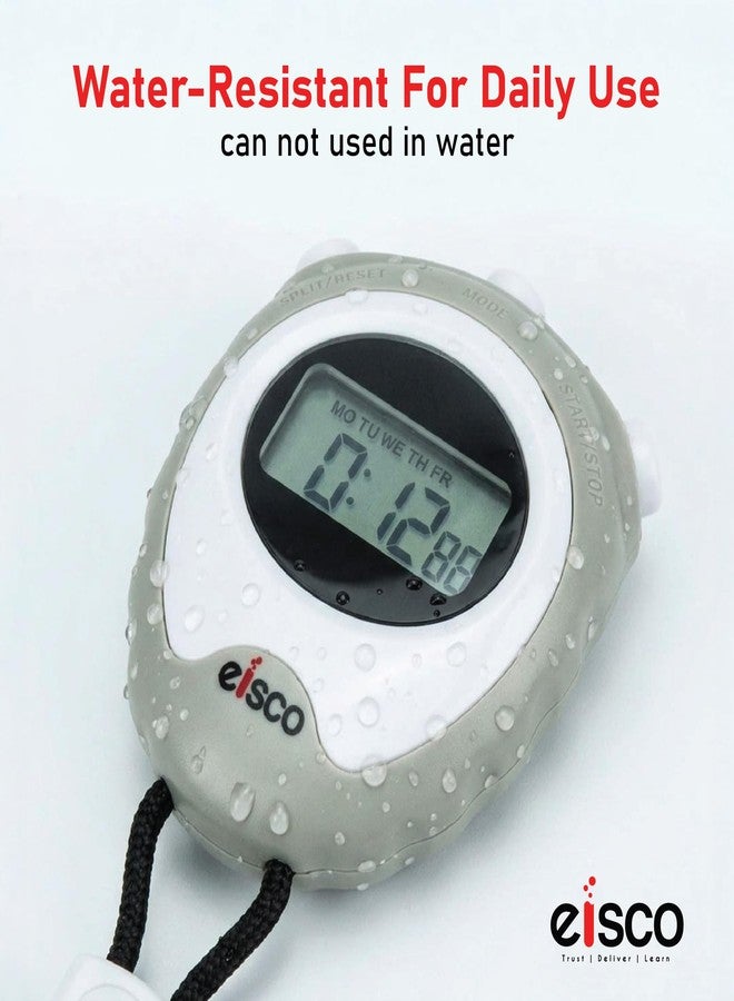 EISCO LCD Digital Stopwatch - 1/100 Sec Precision Timer, Lap/Split Function, Alarm, 12/24 Hour Format, Chime, Water-Resistant, Ideal for Sports, Running, Training, Science Lab & Physics Experiments - Image 3