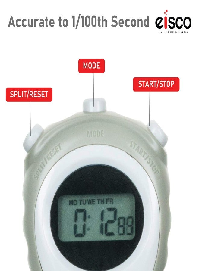 EISCO LCD Digital Stopwatch - 1/100 Sec Precision Timer, Lap/Split Function, Alarm, 12/24 Hour Format, Chime, Water-Resistant, Ideal for Sports, Running, Training, Science Lab & Physics Experiments - Image 2