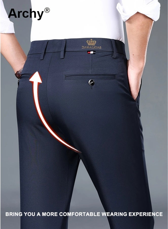 Archy 2PCS Men's High-Waist Stretch Casual Pants - Wrinkle-Free Business Trousers | 4-Way Elastic, Straight Fit for Dads | All-Season Navy & Dark Grey Set - Image 2