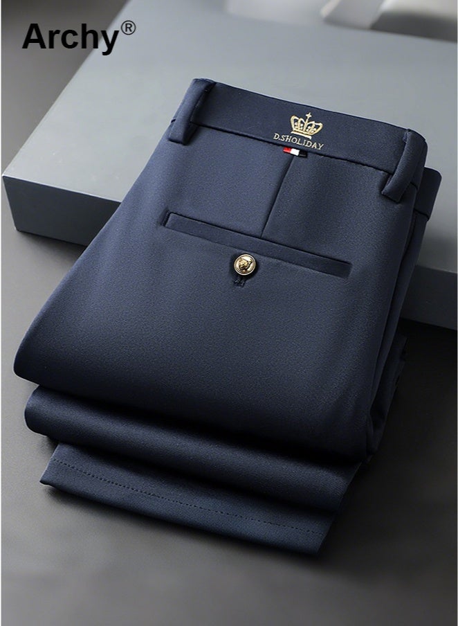 Archy 2PCS Men's High-Waist Stretch Casual Pants - Wrinkle-Free Business Trousers | 4-Way Elastic, Straight Fit for Dads | All-Season Navy & Dark Grey Set - Image 3