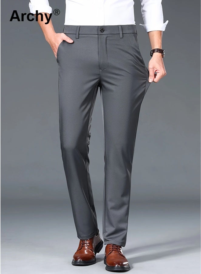 Archy 2PCS Men's High-Waist Stretch Casual Pants - Wrinkle-Free Business Trousers | 4-Way Elastic, Straight Fit for Dads | All-Season Navy & Dark Grey Set - Image 4