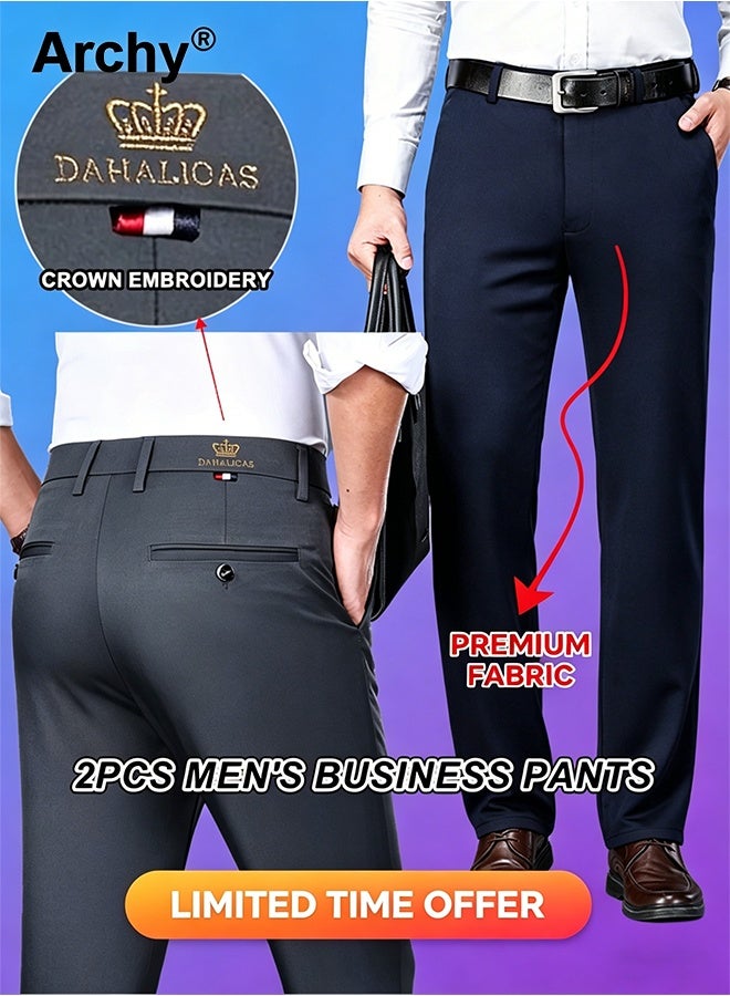 Archy 2PCS Men's High-Waist Stretch Casual Pants - Wrinkle-Free Business Trousers | 4-Way Elastic, Straight Fit for Dads | All-Season Navy & Dark Grey Set - Image 1