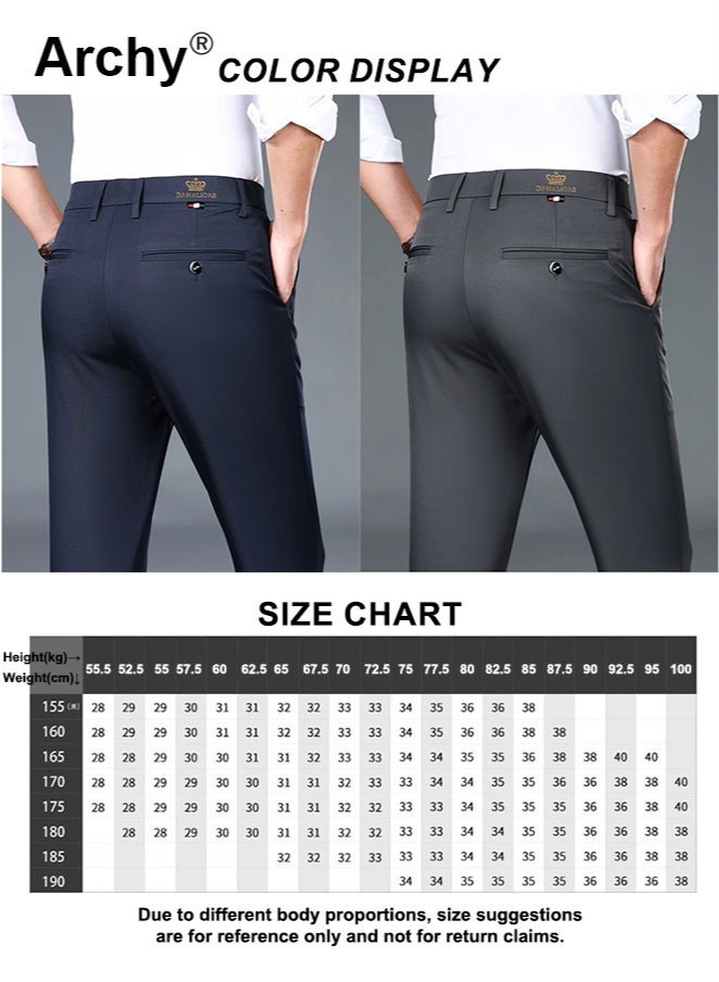 Archy 2PCS Men's High-Waist Stretch Casual Pants - Wrinkle-Free Business Trousers | 4-Way Elastic, Straight Fit for Dads | All-Season Navy & Dark Grey Set - Image 2