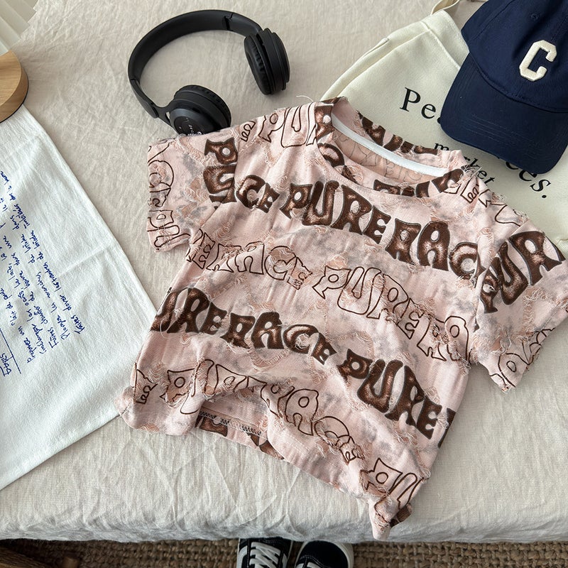 Spring and summer new summer short sleeve full printed English boys round neck Korean children's fashion T-shirt - Image 1
