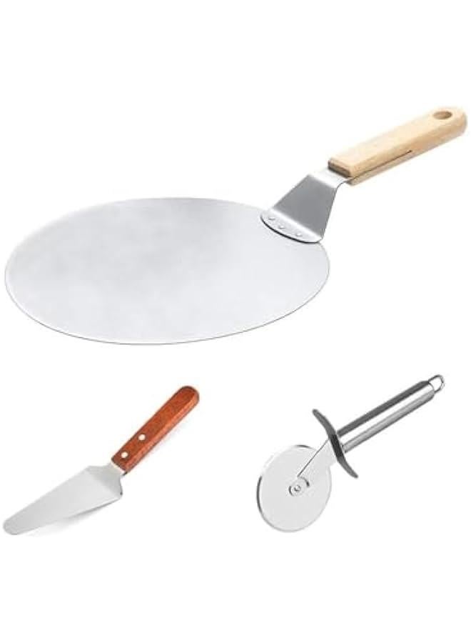 TRASSLE Stainless Steel Pizza Peel Set, Round Heat-resisting Pizza Paddle with Non-Slip Wood Handle, Pizza Peel Pad Stainless Pizza Spatula for Baking Homemade Pizza and Bread - Image 1