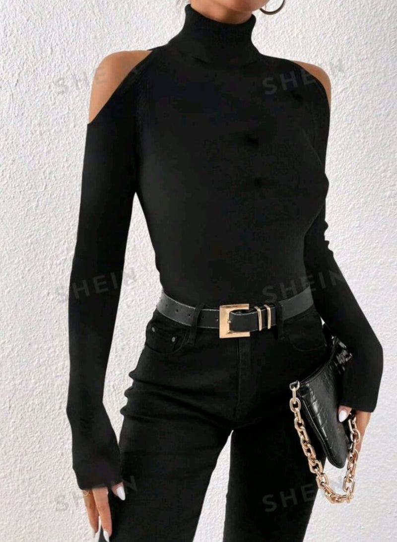 Shein SHEIN Essnce Holiday Sparkly Elegant Black Christmas Tshirt Women Camiseta Manga Larga Turtleneck Pile Neck Sequins Off The Shoulder Long Sleeves Christmas Women Tops Going Out Tops Vacation Tops For Christmas Our Tops Women Turtleneck Off The Shoulder Long Sleeves Simple T-Shirt For Casual Everyday Wear  - Image 1