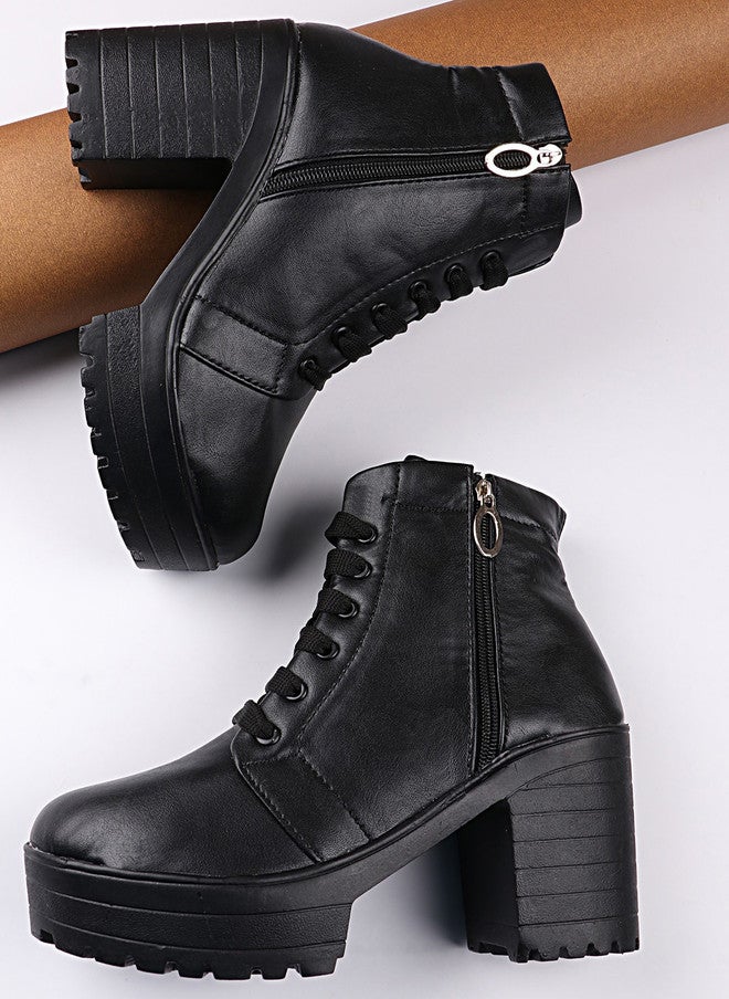 Shoetopia بوتات بناتية سوداء بكعب عريض من شوتوبيا - Image 2