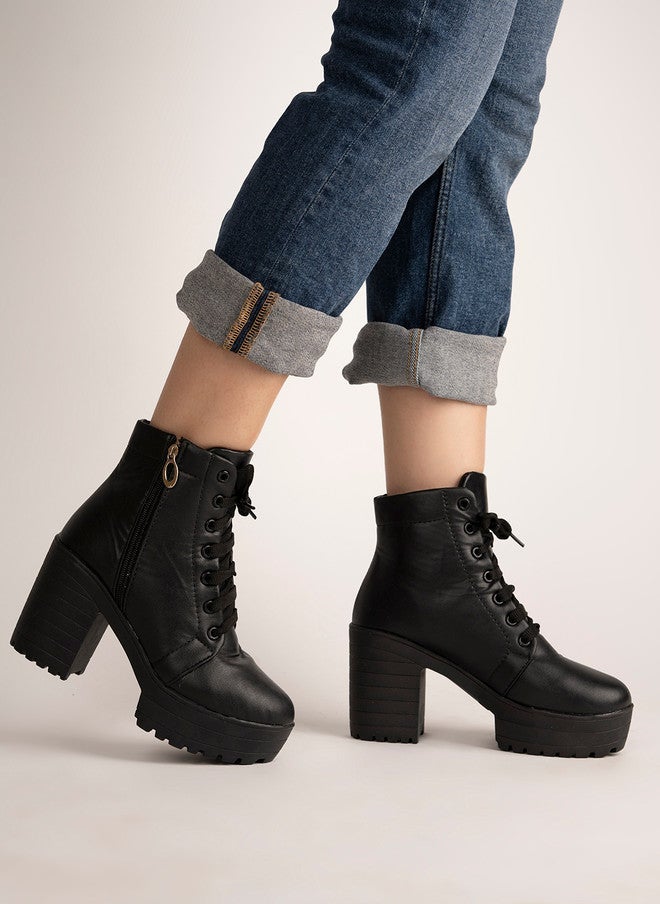 Shoetopia بوتات بناتية سوداء بكعب عريض من شوتوبيا - Image 5