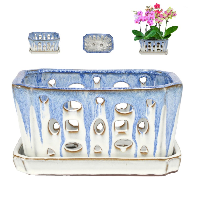 w w W&W Orchid Pot with Holes and Saucer for Repotting, Blue and White, 9.7 Inch - Image 1