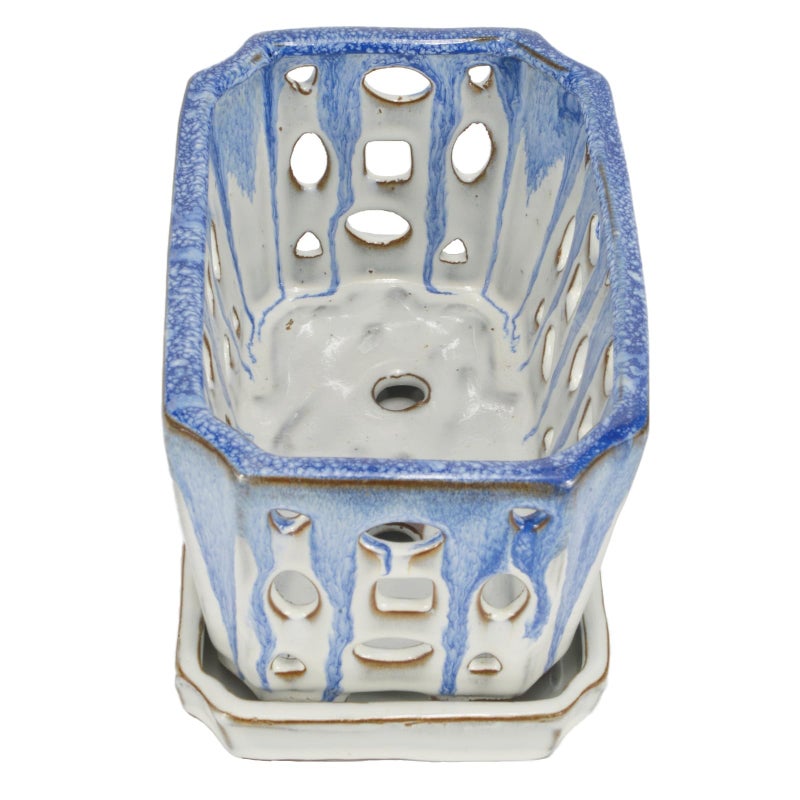 w w W&W Orchid Pot with Holes and Saucer for Repotting, Blue and White, 9.7 Inch - Image 4