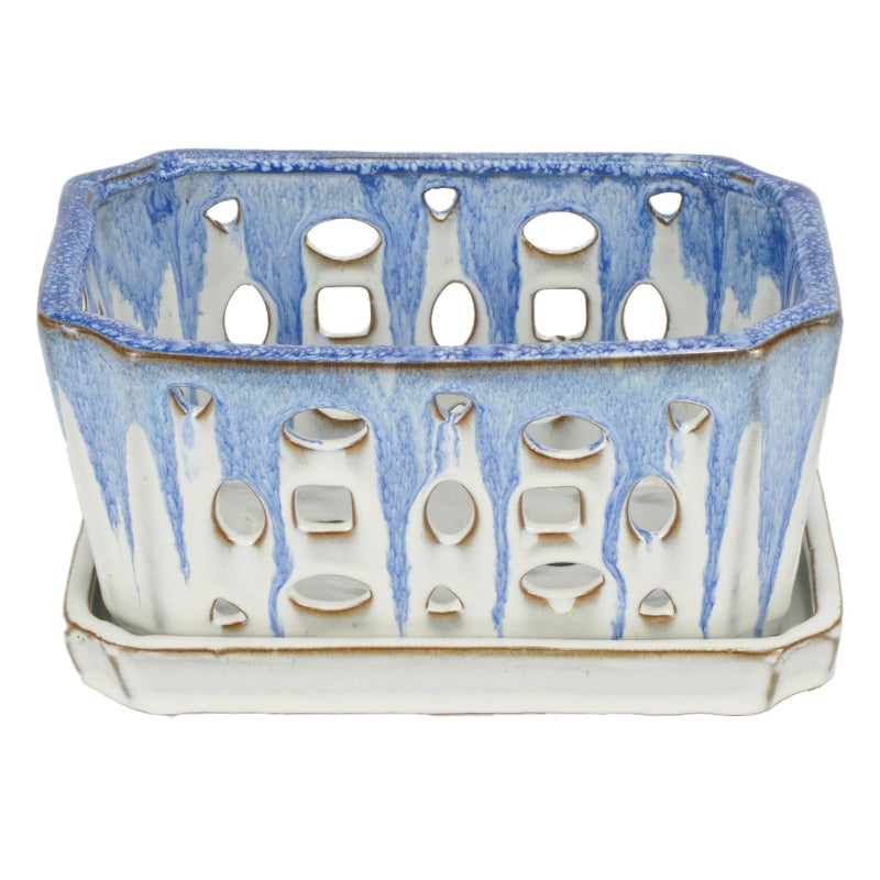 w w W&W Orchid Pot with Holes and Saucer for Repotting, Blue and White, 9.7 Inch - Image 3