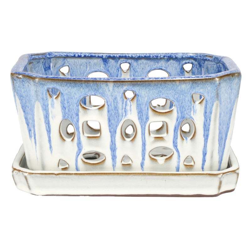 w w W&W Orchid Pot with Holes and Saucer for Repotting, Blue and White, 9.7 Inch - Image 2