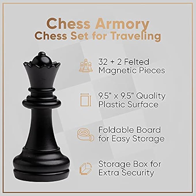 Chess Armory Magnetic 9.5 Inches Travel Chess Set - Folding Board with Storage Box & 2 Extra Queen. - Image 5