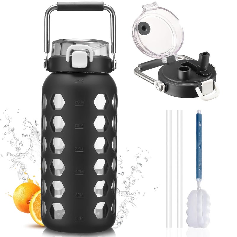 MUKOKO 64oz Glass Water Bottles with Straw and LidHalf Gallon Water Bottle with Time MarkerLarge Glass Water Jug with Silicone Sleeve and Stainless Steel HandleBlack