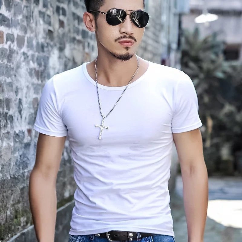 Thin Casual Sports T-shirt Mens Summer Elastic Quick-drying Breathable Fitness Running plus size Short-sleeved Sweat-absorbent Ice Silk Shirt White Round Neck Short Sleeve Tee