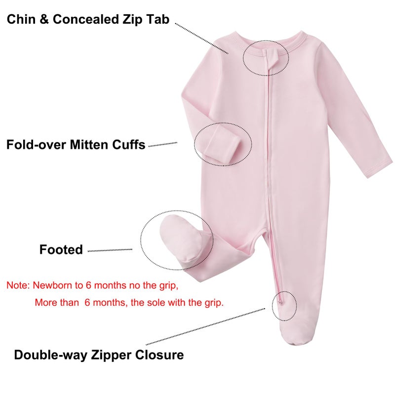 Aablexema Baby Pajamas with Mitten Cuffs Zipper 4-Pack Infant Newborn Cotton Long Sleeve Footie Outfit(Pink/Heart/Purple/Red,0-3m) - Image 2