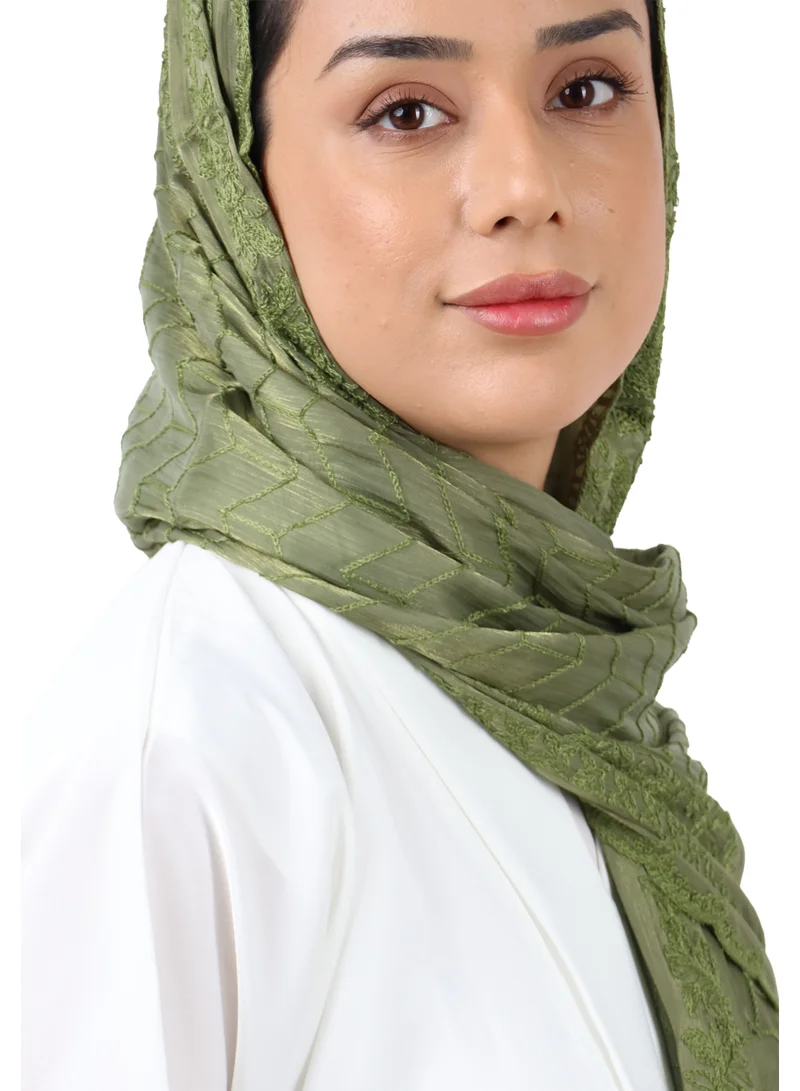 Jameela  Chevron Pattern Organza Scarf (Olive Green) for Women | Best Price UAE