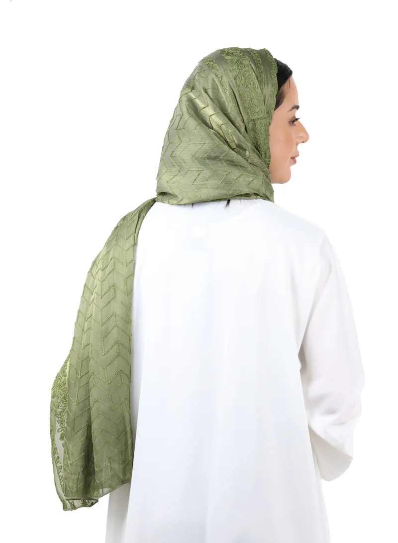 Jameela  Chevron Pattern Organza Scarf (Olive Green) for Women | Best Price UAE