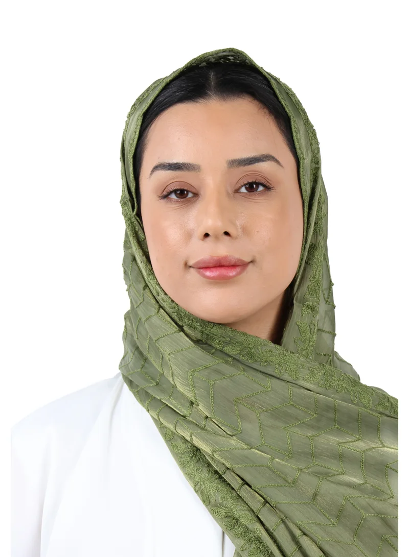 Jameela  Chevron Pattern Organza Scarf (Olive Green) for Women | Best Price UAE
