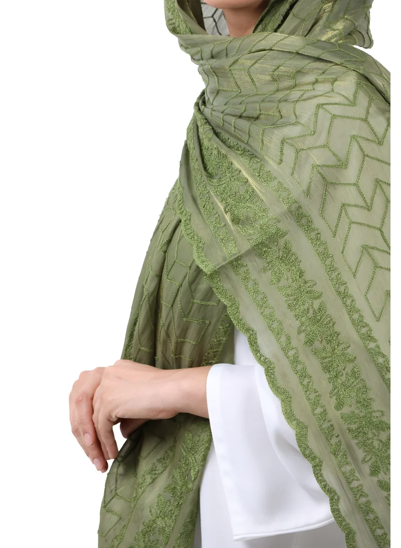 Jameela  Chevron Pattern Organza Scarf (Olive Green) for Women | Best Price UAE