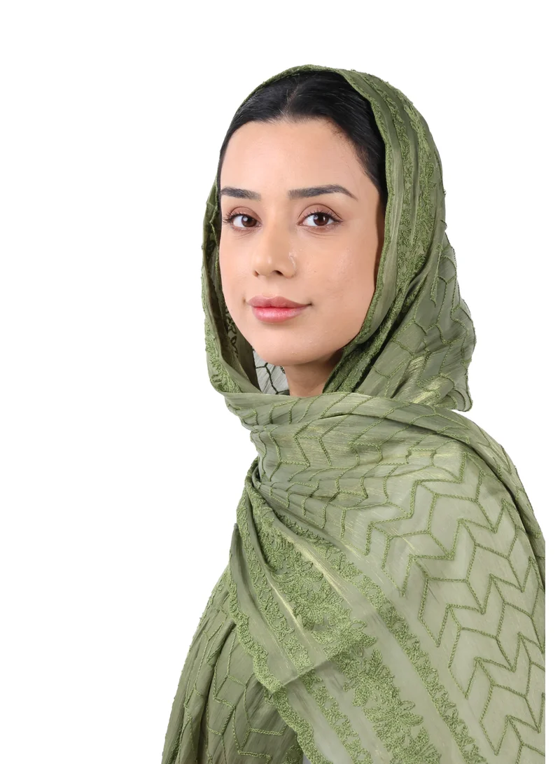 Jameela  Chevron Pattern Organza Scarf (Olive Green) for Women | Best Price UAE