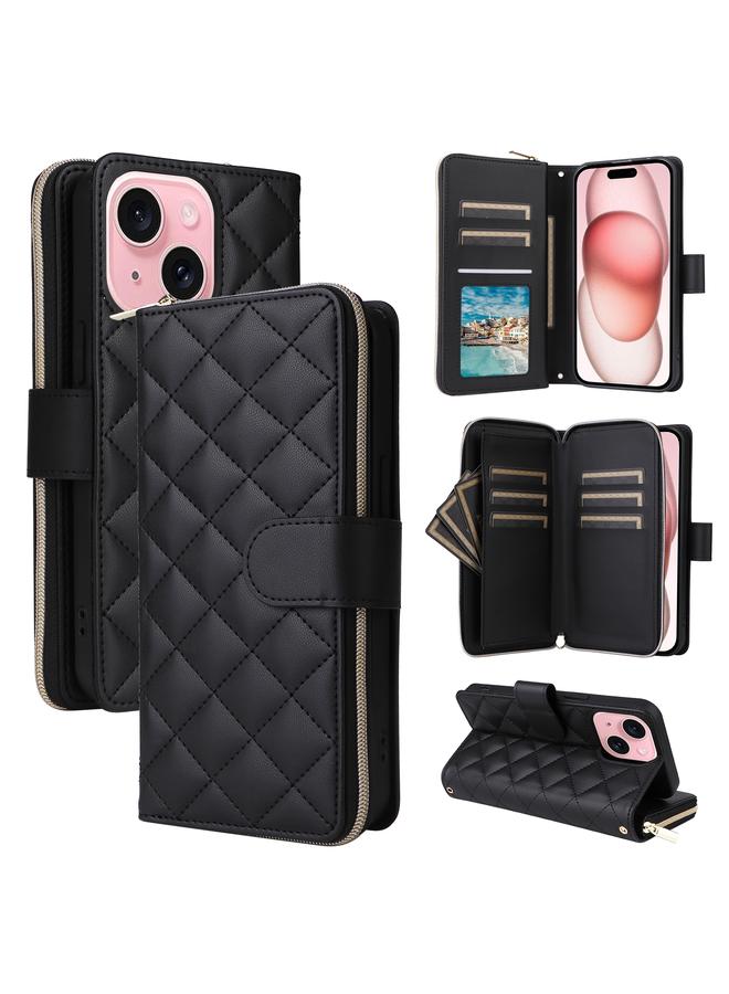 S-TOP Case For iPhone 15 Crossbody Rhombic Zipper Tower Buckle Leather Phone Case with Lanyard - Image 1