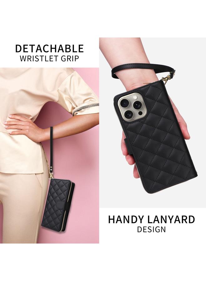 S-TOP Case For iPhone 15 Crossbody Rhombic Zipper Tower Buckle Leather Phone Case with Lanyard - Image 5