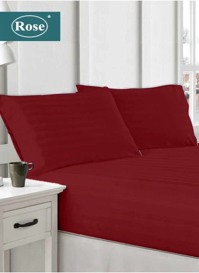 Rose - Rose Luxurious Hotel Stripe Fitted Sheet with Deep Pockets and Pillow Cases, Bed Sheet 3-Pieces Set, Soft & Silky Microfiber Breathable and Cooling, King Size 200x200+35 cm, Burgundy - Image 1