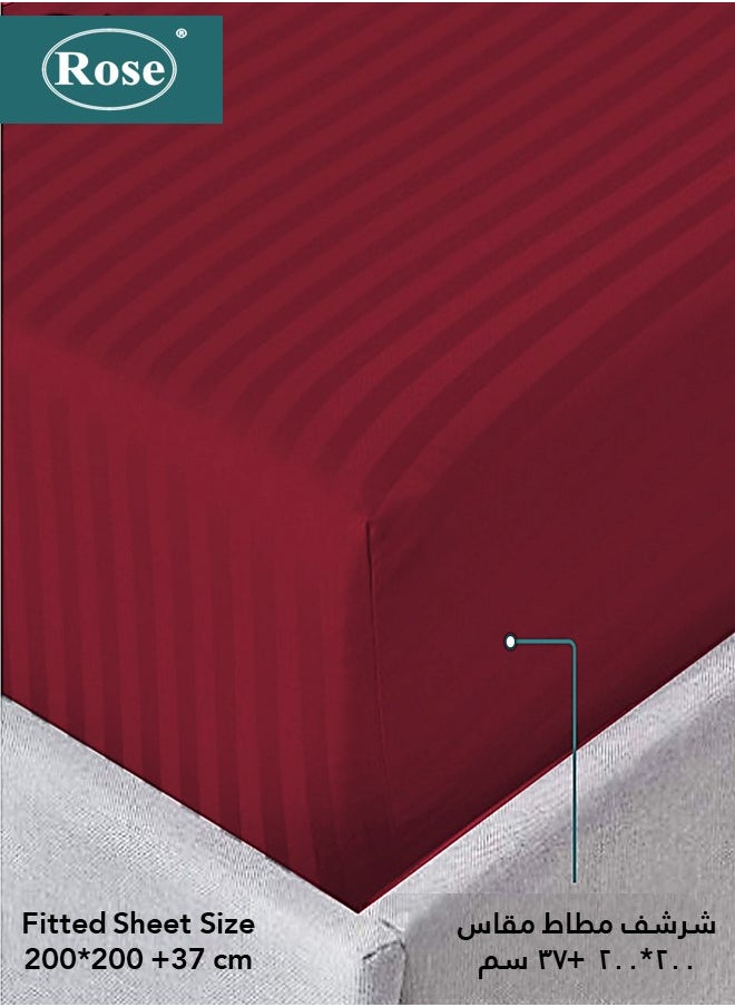 Rose - Rose Luxurious Hotel Stripe Fitted Sheet with Deep Pockets and Pillow Cases, Bed Sheet 3-Pieces Set, Soft & Silky Microfiber Breathable and Cooling, King Size 200x200+35 cm, Burgundy - Image 1
