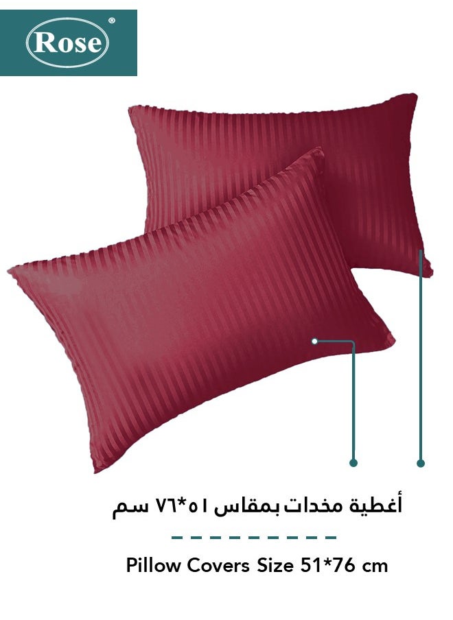 Rose - Rose Luxurious Hotel Stripe Fitted Sheet with Deep Pockets and Pillow Cases, Bed Sheet 3-Pieces Set, Soft & Silky Microfiber Breathable and Cooling, King Size 200x200+35 cm, Burgundy - Image 1