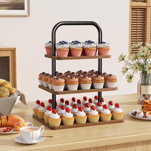 Aminigram Wooden Cupcake Stand 3 Tier Large Cupcake Tower Stand 50 Cupcakes Dessert Tiered Tray Stand for Party Wedding Birthday Halloween Farmhouse Decor - Image 3
