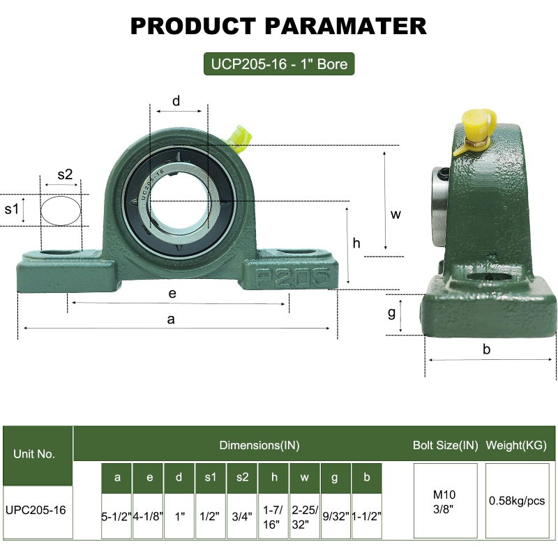 SACKORANGE 2 Pack UCP205-16 Pillow Block Mounted Ball Bearing - 1" Bore - Solid Cast Iron Base - Self Aligning - Image 2