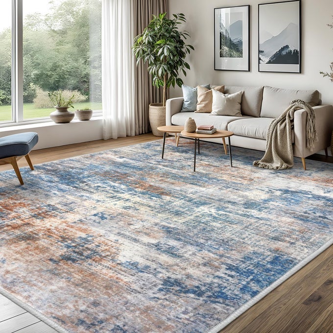 ABSTRACT AREA RUGS 8X10 FT WASHABLE LARGE RUGS FOR LIVING ROOM NON SLIP DINING ROOM RUG PRINTED FAUX WOOL RUGS FOR BEDROOM FLOOR CARPET FOR OFFICE NURSERY PLAYROOM BLUE RUST