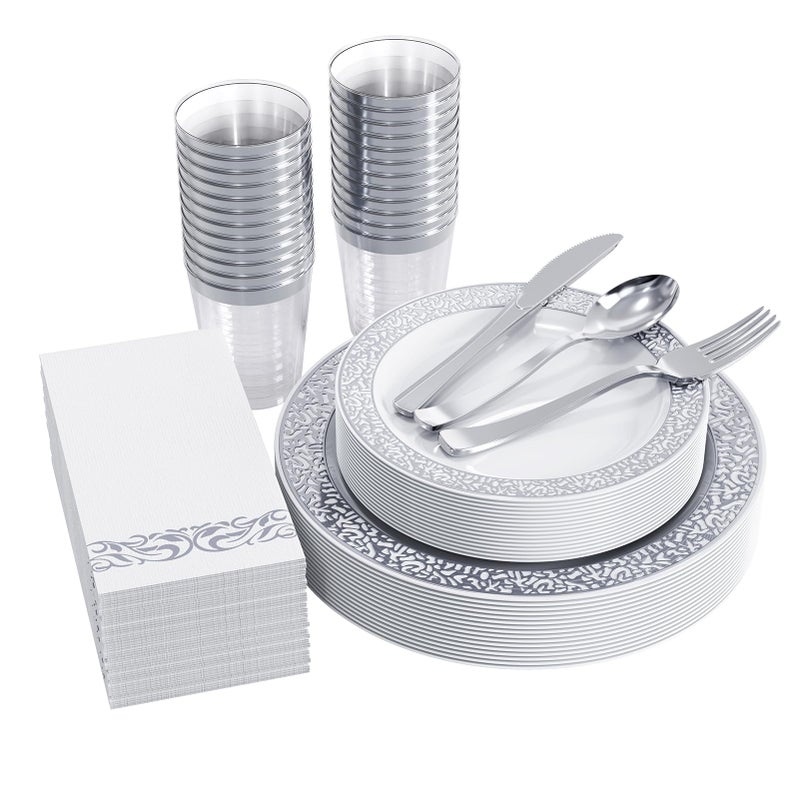 FOCUSLINE 175 Ct Silver Dinnerware Set for 25 Guests White Plastic Plates with Silver Lace Rim Design Including 25 Disposable Dinner  Dessert Plates Cups Napkins Cutlery Set