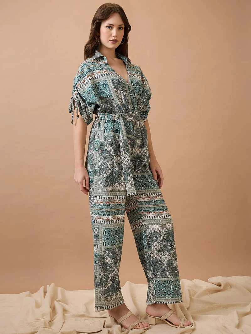 globus Globus Women Collared Neck Ruched Extended Sleeves Waist Tie-Ups Long Line Fusion Jumpsuit