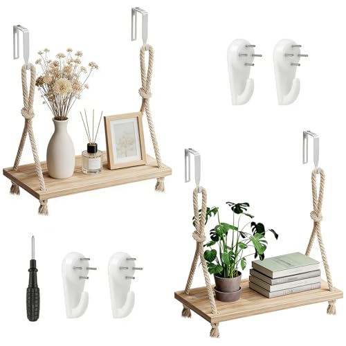 YOYUTOX 2 Pack Fabric Wall Cubicle Shelf 118 Wooden Hanging Cubicle Shelf Organizer with Hooks Dual Mounting Options Cotton Rope Storage Shelf NoDrill Boho Style for Office Cubicles Desk Decor - Image 1