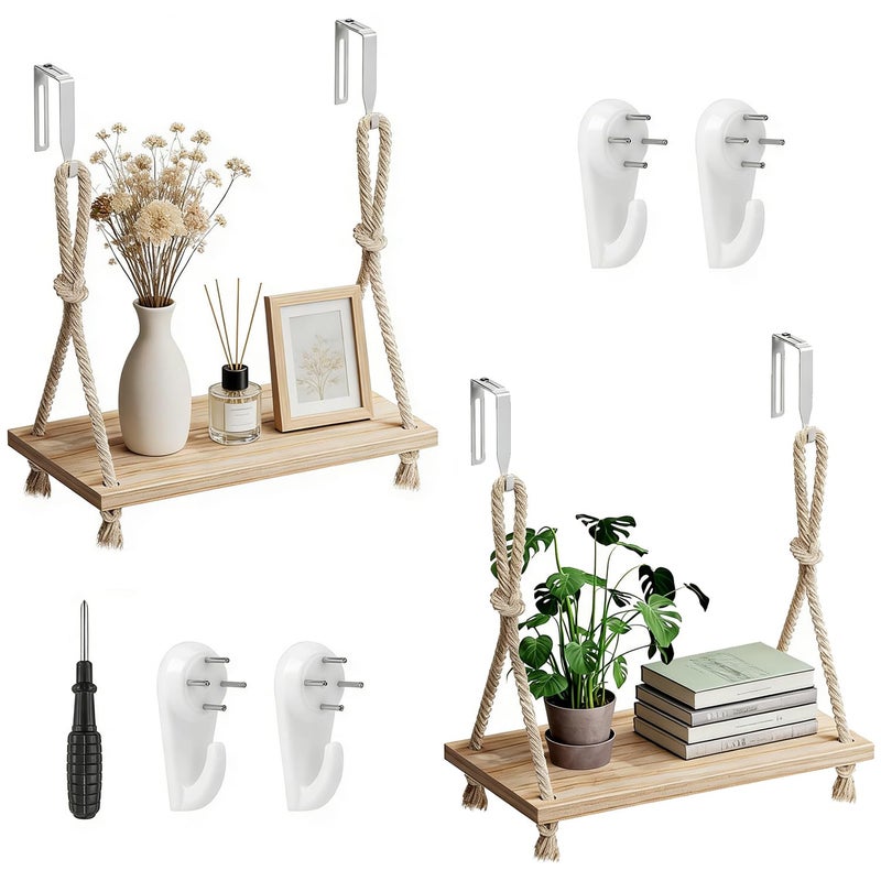 YOYUTOX 2 Pack Fabric Wall Cubicle Shelf 118 Wooden Hanging Cubicle Shelf Organizer with Hooks Dual Mounting Options Cotton Rope Storage Shelf NoDrill Boho Style for Office Cubicles Desk Decor - Image 2