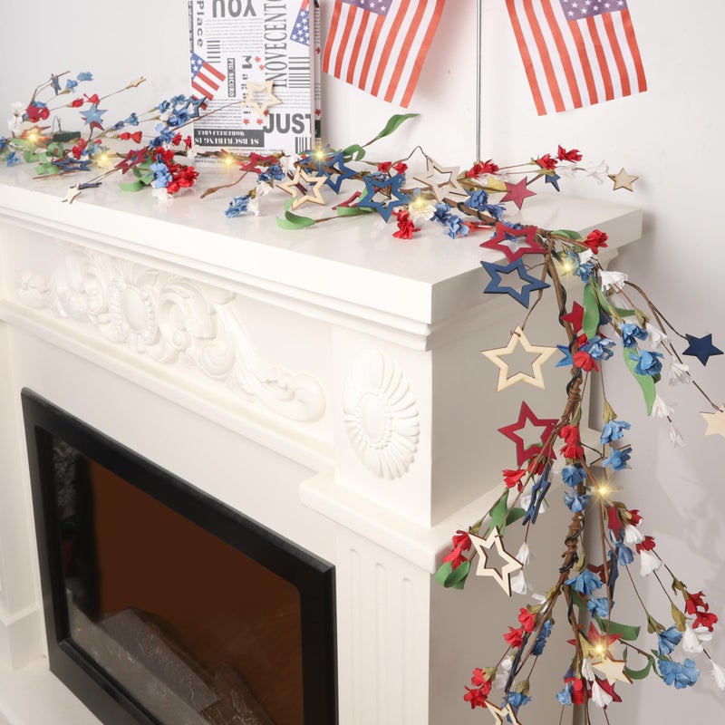 DRDUDU 4th of July 6ft Garland with Timer Independence Day Decor Lighted Vine Branch Garland Patriotic Red White Blue Star Ornaments and LED Twigs for Mantel Fireplace