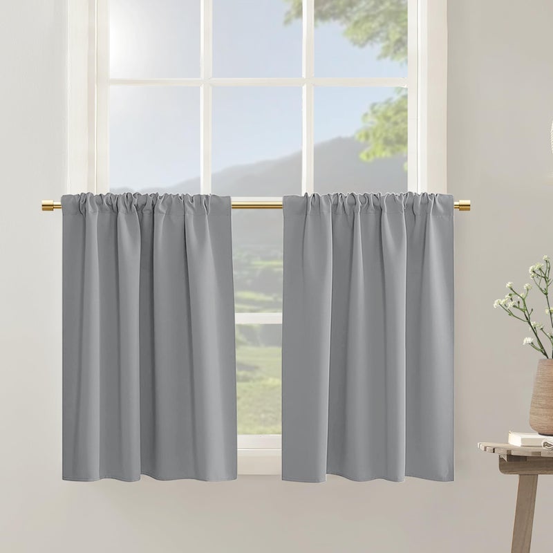 Half Window Tier Light Gray Short Curtains 30 Inches Long for Small Window Treatments Rod Pocket Solid Blackout Grey Cafe Curtains for Kitchen/Kids Bedroom/Cabinet/Basement/RV Bunk Bed  One Pair