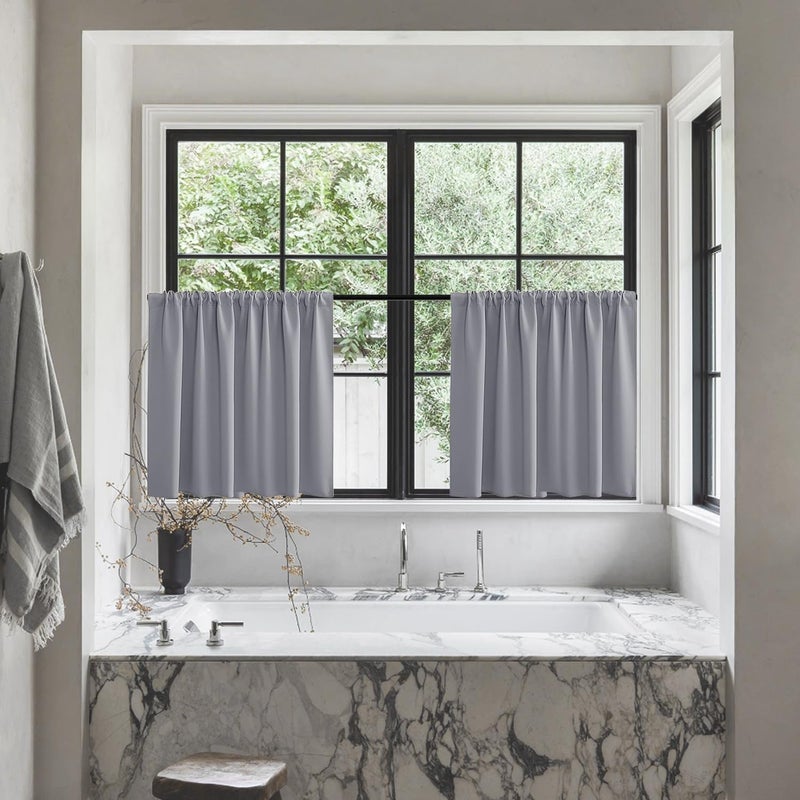 Half Window Tier Light Gray Short Curtains 30 Inches Long for Small Window Treatments Rod Pocket Solid Blackout Grey Cafe Curtains for Kitchen/Kids Bedroom/Cabinet/Basement/RV Bunk Bed  One Pair