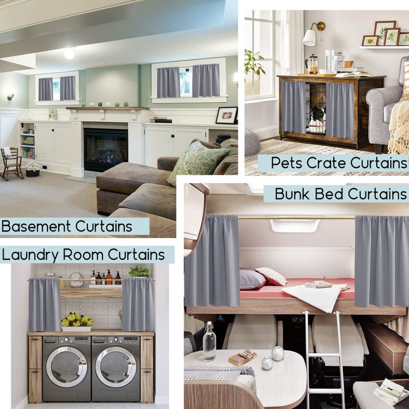 Half Window Tier Light Gray Short Curtains 30 Inches Long for Small Window Treatments Rod Pocket Solid Blackout Grey Cafe Curtains for Kitchen/Kids Bedroom/Cabinet/Basement/RV Bunk Bed  One Pair